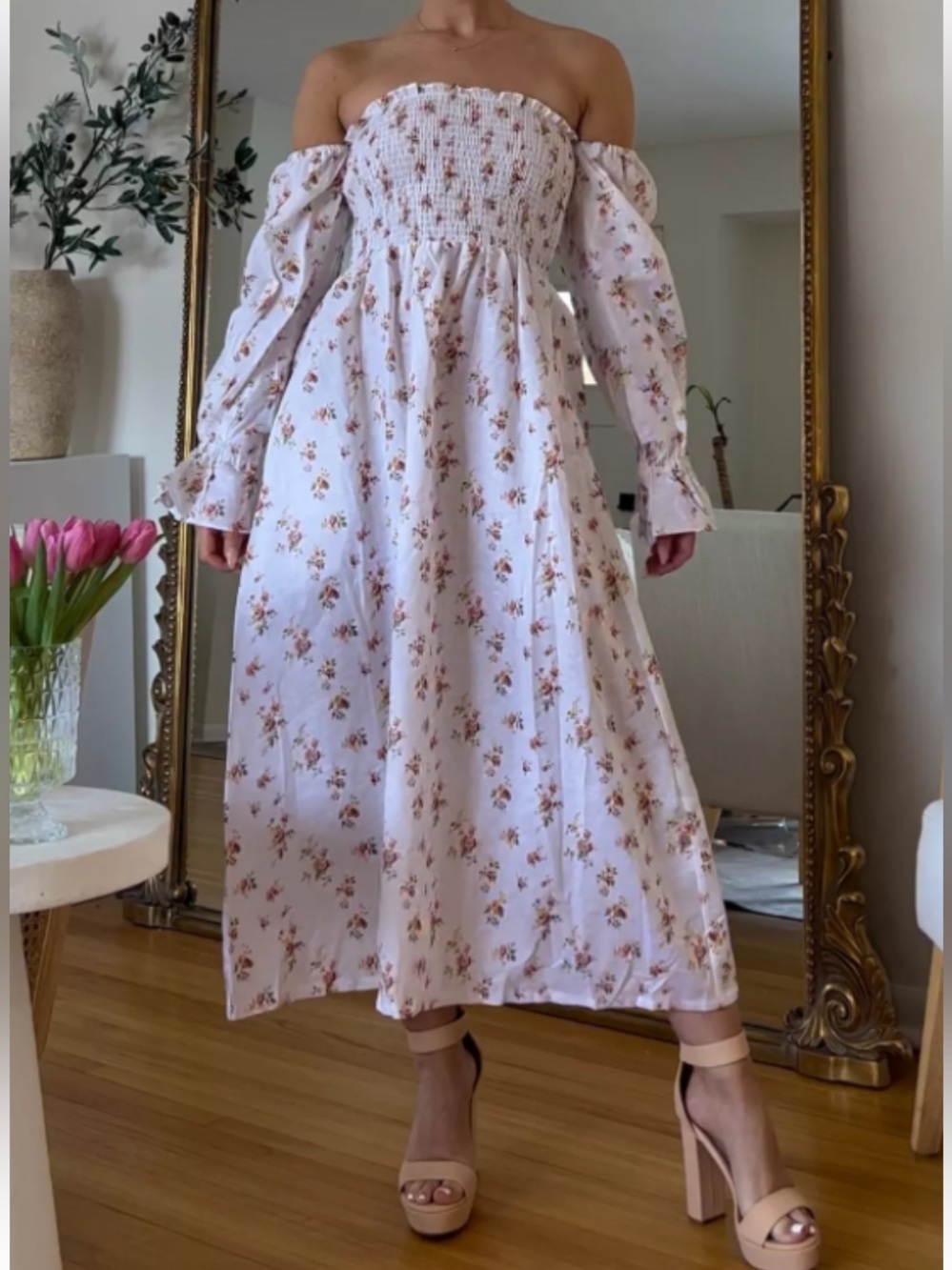 Petal and pup White Floral Off-Shoulder Smocked Midi Dress